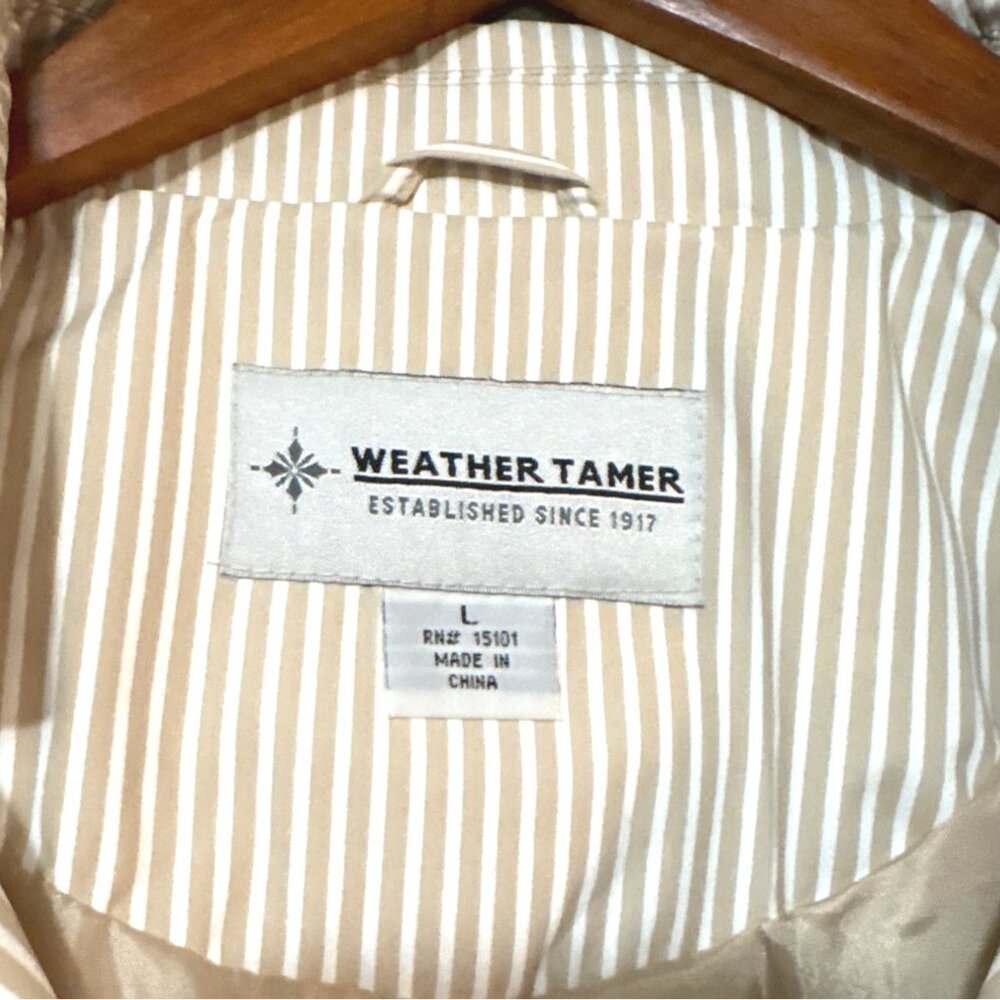 Weather Tamer Womens Beige & White Striped Trench Coat L Double-Breasted Belted - Picture 3 of 6